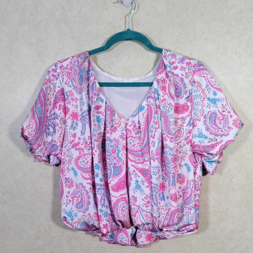 6190 Entro Pink, Lavender & Turquoise balloon sleeve & hem cropped top M
